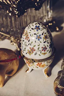 Ornate Ceramic Decoration Prints: Decorated egg shaped ceramic container in the view