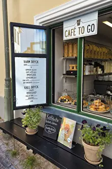 Scandinavian Food Photography Prints: Decorated open window of a cafe with menu