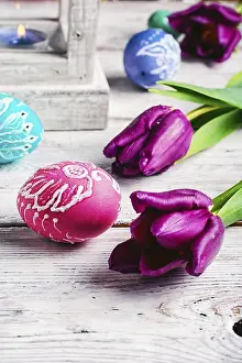 Traditional Easter Decoration Prints: Decorated with painted Easter eggs and flowers on a light background