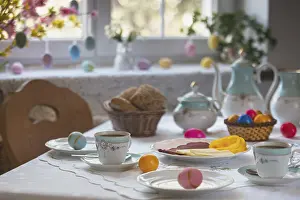 Empty Table With Food Prints: Decorated table with colorful easter eggs