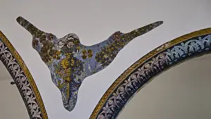 Oldest Synagogue In Greece Prints: Decorative artwork with floral patterns on a synagogue wall