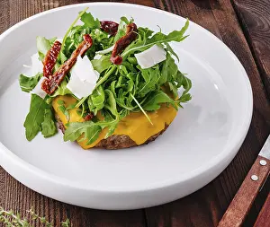 Arugula Salad Prints: Delectable cheeseburger topped with arugula