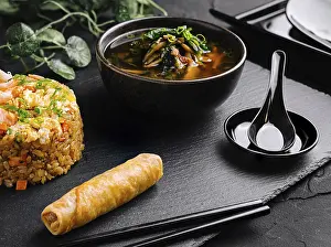 Nutrition Meal Ideas Prints: Delectable meal of fried rice, spring roll