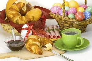 Holiday Meal Ideas Prints: Colourful Easter breakfast with Easter eggs