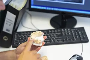 Healthcare Professional Consultation Prints: Dental clinic, dentist detail explaining to a client the teeth that must be implanted in a model
