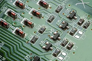 Printed Wiring Board PWB Prints: Details of a computer electronic circuit board with components transferring data