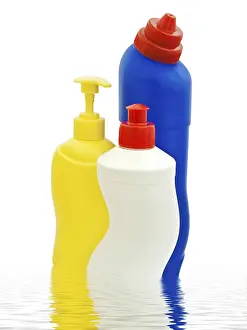 Plain Colored Background Photo Prints: Detergent Bottles Over White Background