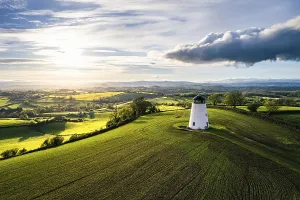 Devon Windmill Aerial View Prints: Devon windmill from a drone, fields and farms