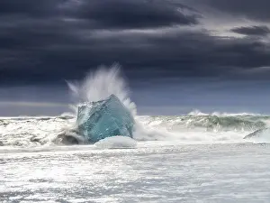 Turquoise Glacier Lake Prints: Diamond Beach, iceberg in the surf