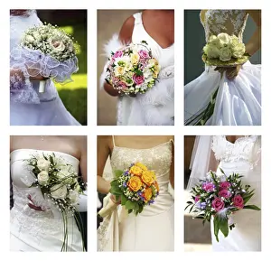 Floral Wedding Decorations Prints: Six different bouquets in hands of brides