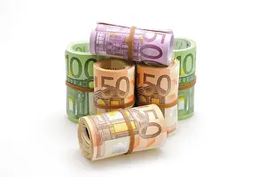 European Money Prints: Different Euro banknotes in rolls