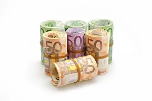European Paper Money Prints: Different Euro banknotes in rolls