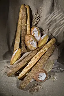 Wholemeal Bread Arrangement Prints: Different kinds of bread and pastry on a canvas studio background