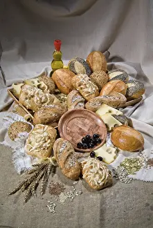 Wholemeal Bread Arrangement Prints: Different kinds of bread and pastry on a canvas studio background