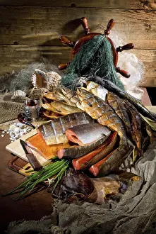 Wildlife Food Photography Prints: Different kinds of fish and accessories on a studio background