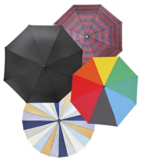 Plain Coloured Background Images Prints: Four different open umbrellas against a white background