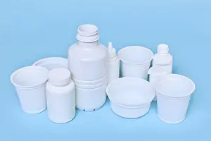 Plastic Waste Disposal Prints: Different plastic waste packages on blue background