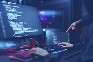 Virus Protection Prints: Digital crime, Hacker coding virus and ransomware attack cyber data system