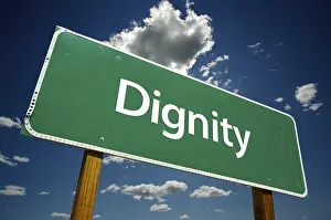 Atmospheric Cloudy Sky Prints: Dignity road sign with dramatic clouds and sky