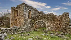 Overcast Sky Landscape Shot Prints: Dilapidated structure of ancient ruins under a sky with clouds