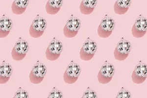 New Year's Eve Celebration Prints: Disco ball pattern on pink background