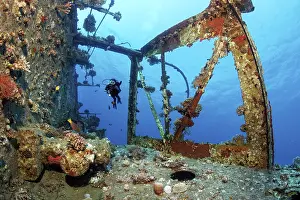 Scuba Diver Underwater Scene Prints: Diver, diver, looking at deck superstructure) on wreck