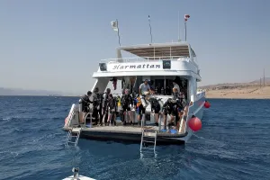 Red Sea Diving Prints: Divers standing on diving platform of dive boat