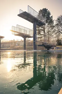 Southern Germany Evening Sky Prints: Diving tower with steps in the outdoor pool