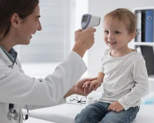Healthcare For Infants Prints: Doctor checking babys temperature