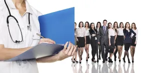 Healthcare System Professional Prints: Doctor with folder on the background of office workers isolated