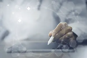 Digital Healthcare System Prints: Doctor using digital tablet virtual screen