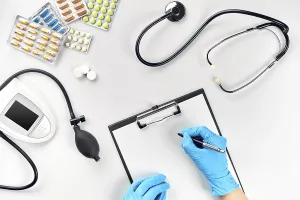 White Background Still Life Prints: Doctors table, tools, medical instruments