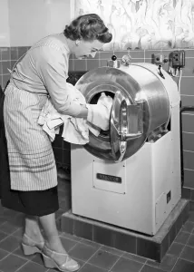 1950s Woman Using AB Wascator Washing Machine Print