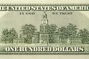 One Hundred Dollar Note Prints: The back of a one hundred dollar bill close-up