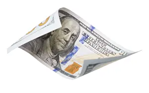 US Dollar Banknote Prints: One hundred dollar bill falling or floating on empty background