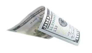 One Hundred Dollar Bill Prints: One hundred dollar bill falling or floating on empty background