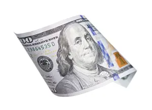 One Hundred Dollar Bill Prints: One hundred dollar bill falling or floating on empty background