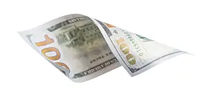 Studio Shot Photo Prints: One hundred dollar bill falling or floating on empty background