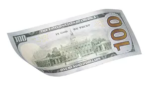 One Hundred Dollar Note Prints: One hundred dollar bill falling or floating on empty background