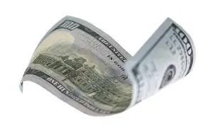 Symbolic Money Concept Prints: One hundred dollar bill falling or floating on empty background