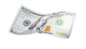 Paper Money Prints: One hundred dollar bill falling or floating on empty background
