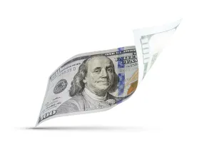 One Hundred Dollar Bill Prints: One hundred dollar bill floating down to surface with drop shadow isolated on a white background