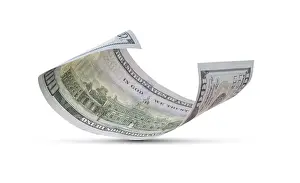 Financial Market Images Prints: One hundred dollar bill floating down to surface with drop shadow isolated on a white background