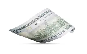 Banknote Payment Transaction Prints: One hundred dollar bill floating down to surface with drop shadow isolated on a white background