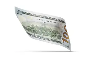One Hundred Dollar Bill Prints: One hundred dollar bill floating down to surface with drop shadow isolated on a white background