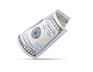 US Dollar Banknote Prints: One hundred dollar bill floating down to surface with drop shadow isolated on a white background