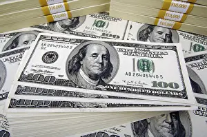Stack Of One Hundred Dollars Prints: One hundred dollar bill stacks