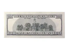 One Hundred Dollar Bill Prints: The back of a one hundred dollar bill on a white background