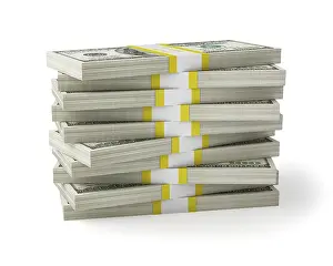 White Background Finance Prints: US dollars banknotes money stack on white