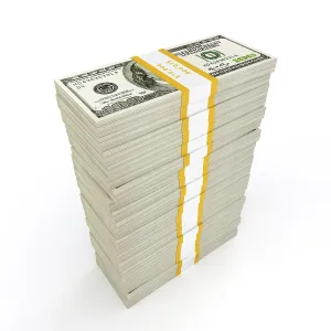 US Dollar Notes Stacked High Prints: US dollars banknotes money stack on white